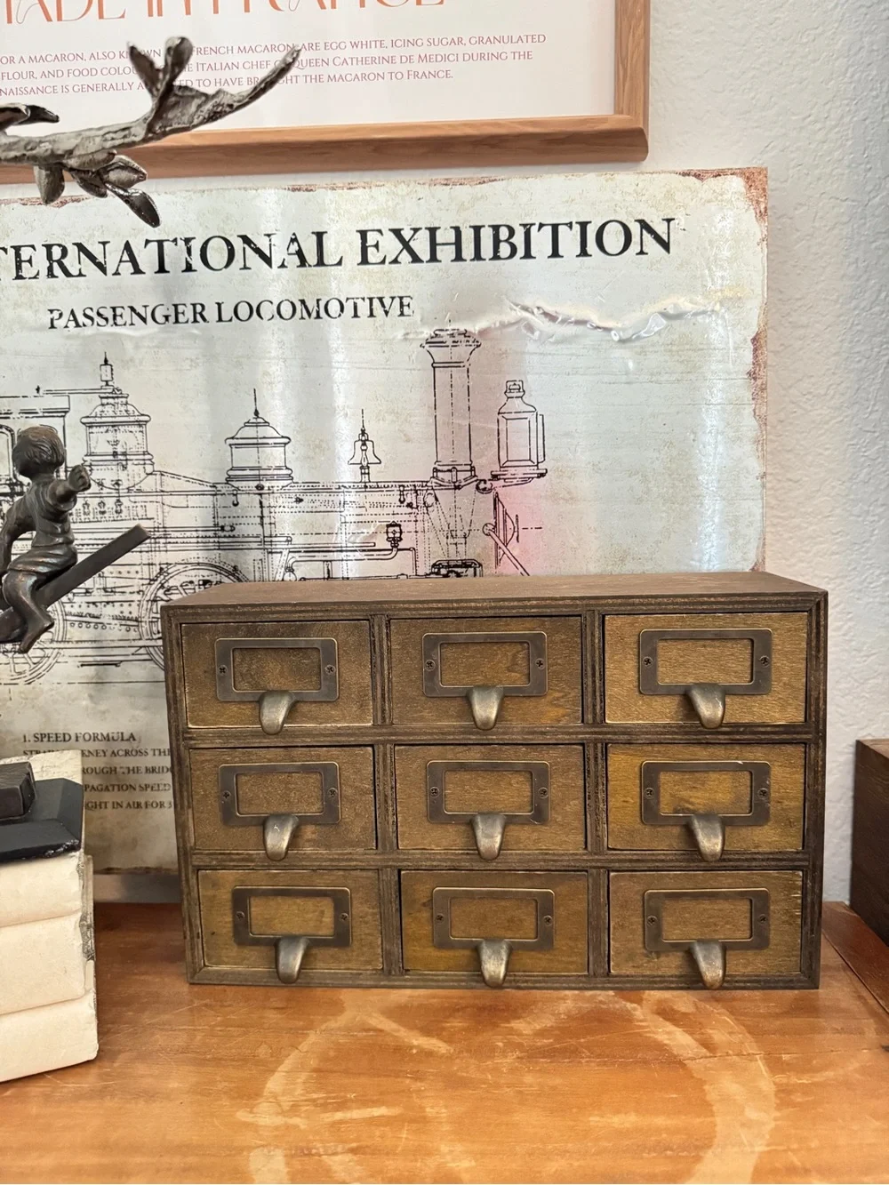 Antique-Style 9-Drawer Desktop Organizer in Aged Brass